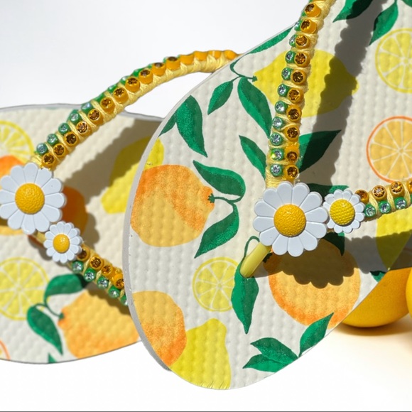Crystal Bling Lemon Flip Flops, Handmade Embellishments, Beach Sandals, Size 7 - Picture 2 of 14